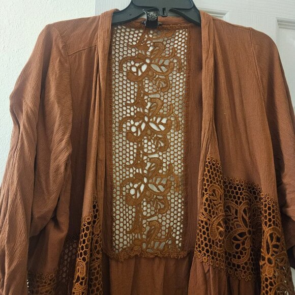 Rue 21 Fall burnt orange crochet boho Oversize kimono Duster Jacket - Picture 12 of 13